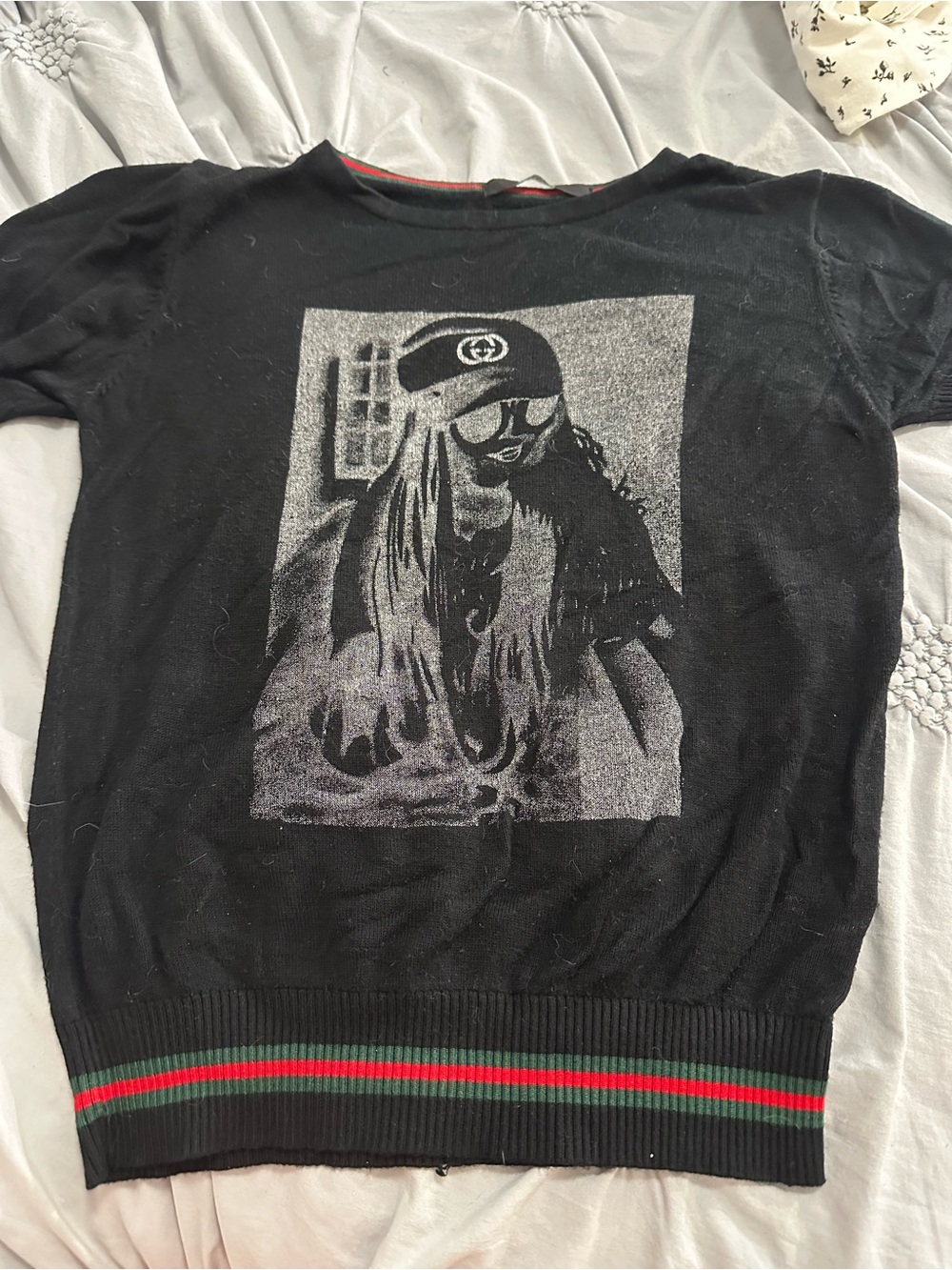 Gucci Black Crewneck Sweater with Green & Red Stripe